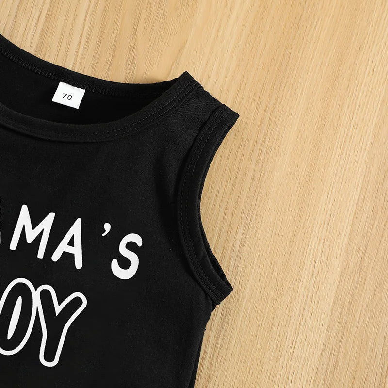 VISgogo Baby Boys Casual Clothes Set Letters Print Sleeveless Tank Top with Ripped Denim Shorts 2Piece Summer Outfit