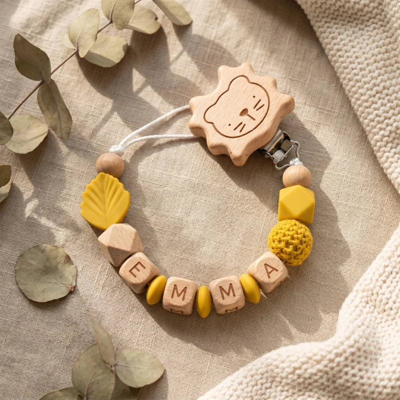 Personalized Pacifier Clip Custom Name Silicone Wooden Beads Baby Teether Chain Soother Holder BPA Free Newborn Baby Shower Gift