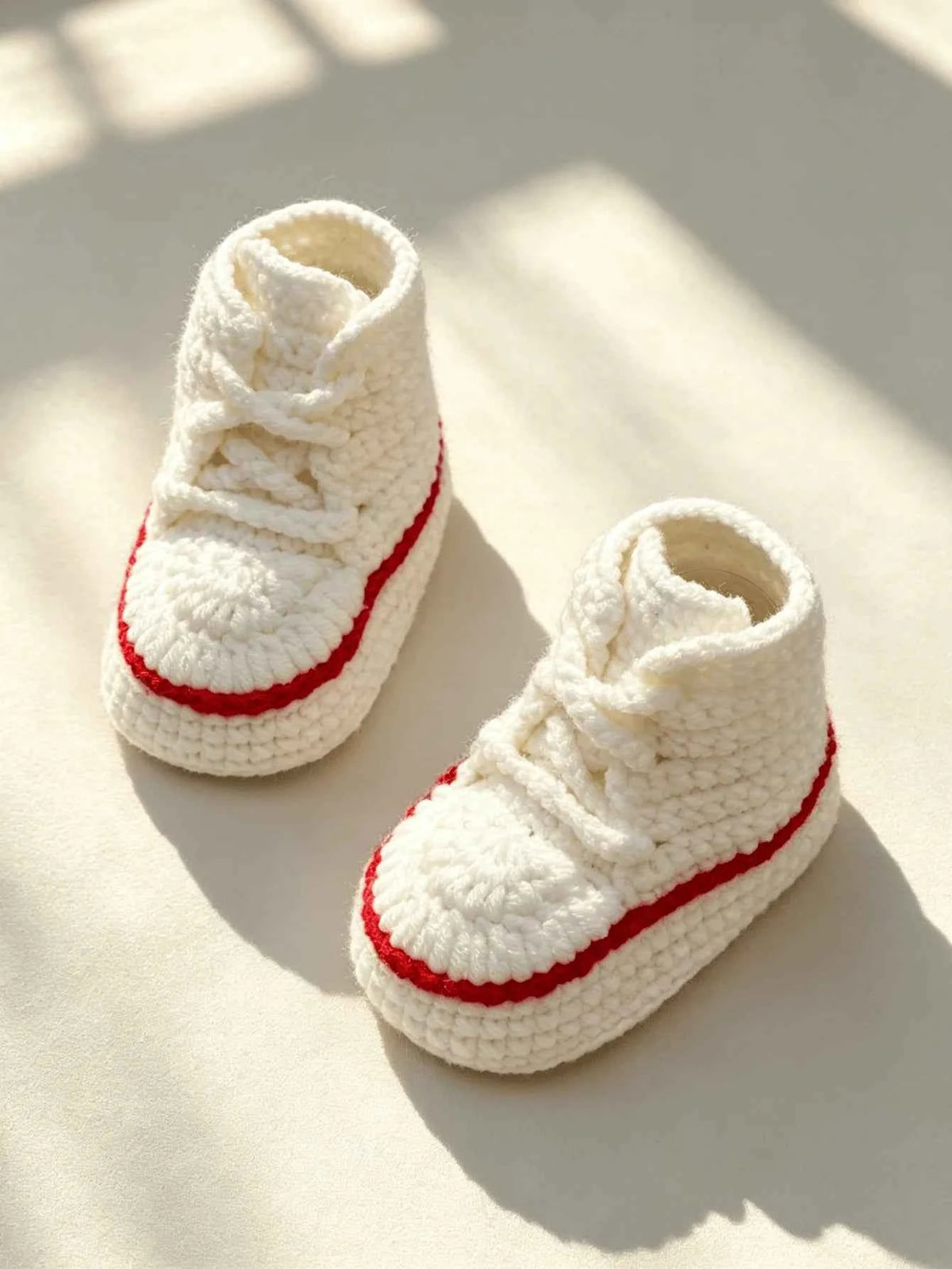1 Pair Crochet Baby Booties, High-Top Sneaker Style, White with Red Accent, Handmade Infant Shoes