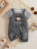 Baby Boy Summer Striped Splicing Imitation Cowboy Printed Fake Pocket Bear jumpsuit Shorts