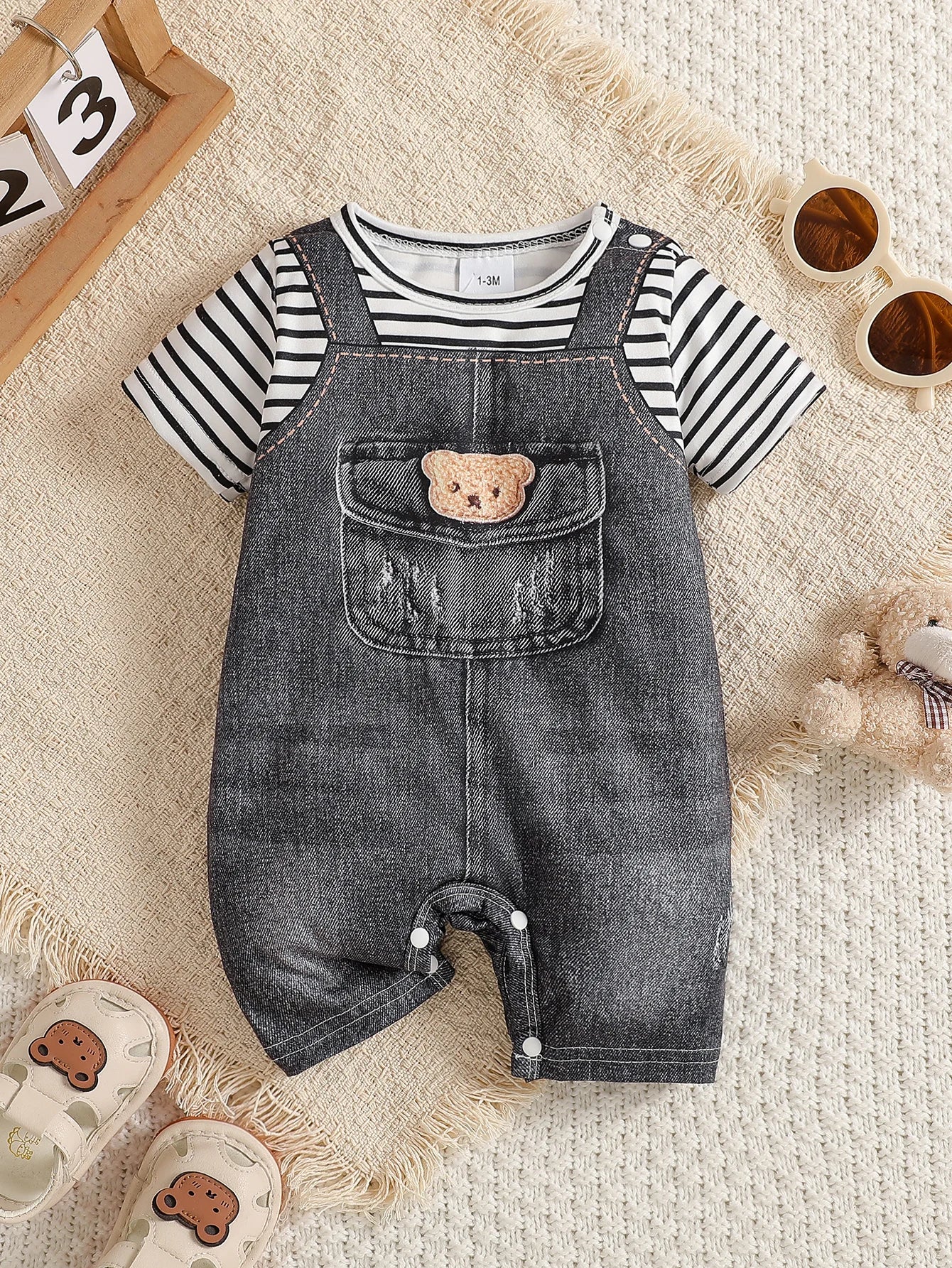 Baby Boy Summer Striped Splicing Imitation Cowboy Printed Fake Pocket Bear jumpsuit Shorts