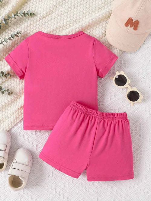 Baby girl round neck dad's little princess letter pattern short sleeved top+casual shorts set for spring and summer comfort two-