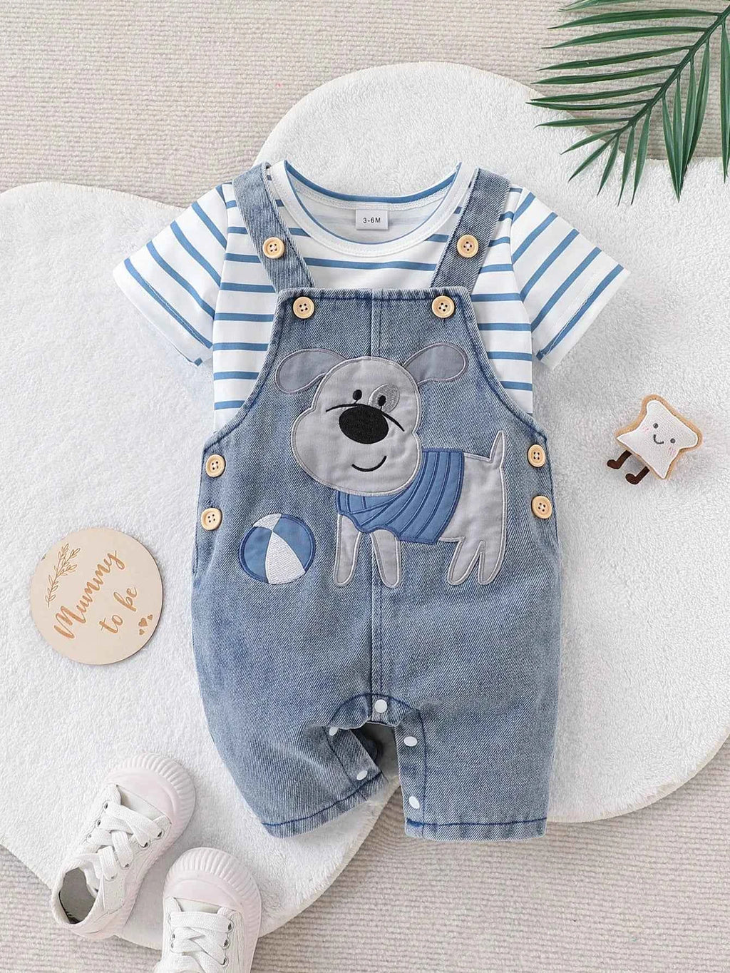 Baby Boy Striped T-Shirt + Cartoon Bear Denim Overalls Set, Cute Summer Casual Outfit for Going Out