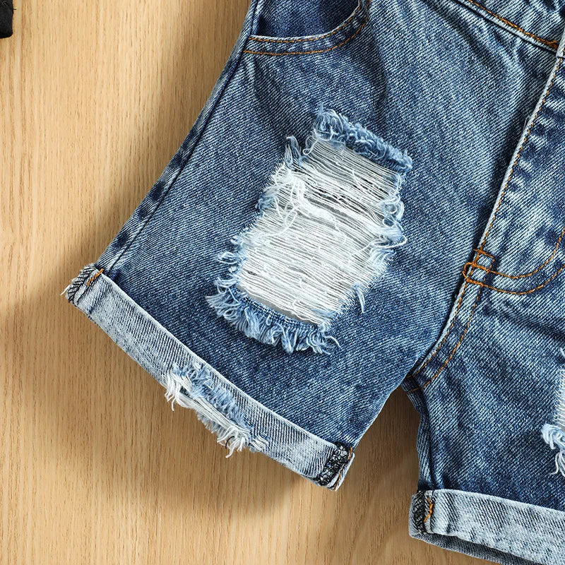 VISgogo Baby Boys Casual Clothes Set Letters Print Sleeveless Tank Top with Ripped Denim Shorts 2Piece Summer Outfit