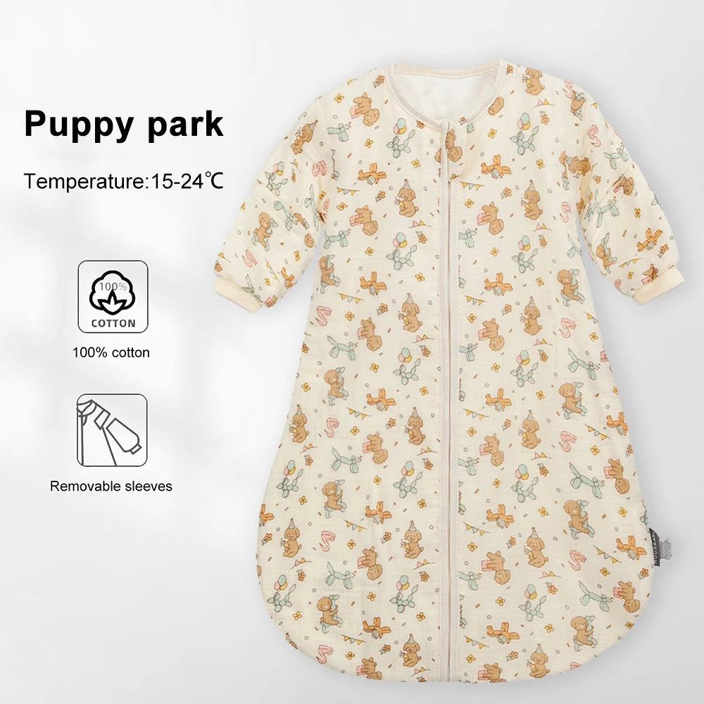 Sleeping Bag For Babies 0-24Months Soft Cotton Gauze Breathable 3-Ways Zipper Puppy Dog Baby Sleeping Bag With Removable Sleeves