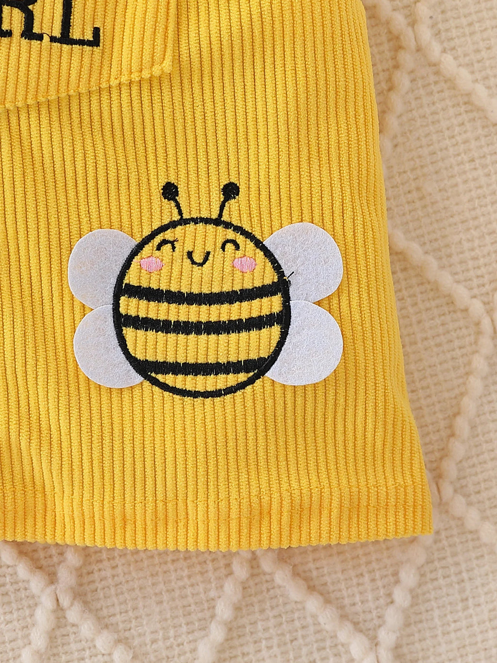 Baby Girl Bee-Stripe Ruffle Sleeve Top & Yellow Corduroy Pinafore Dress Set with Bow Headband