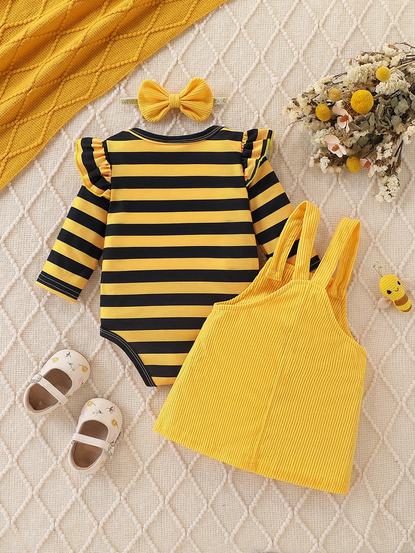 Baby Girl Bee-Stripe Ruffle Sleeve Top & Yellow Corduroy Pinafore Dress Set with Bow Headband