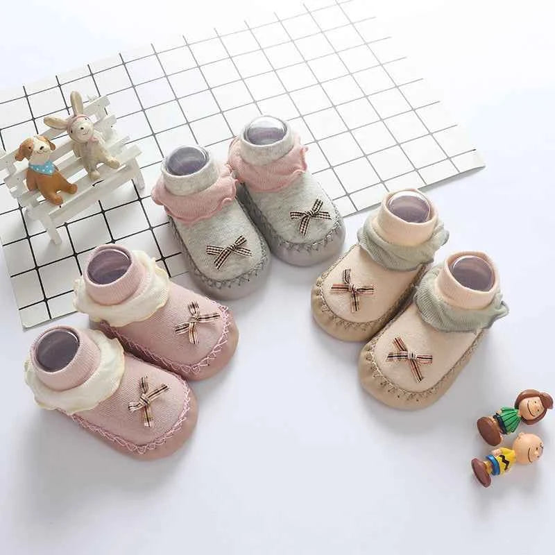 Baby Walking Socks Soft Sole Shoes 0-2Year Newborn Early Education Adhesive Anti Slip Floor Sock Cute Bow Shoe Kids Footwear
