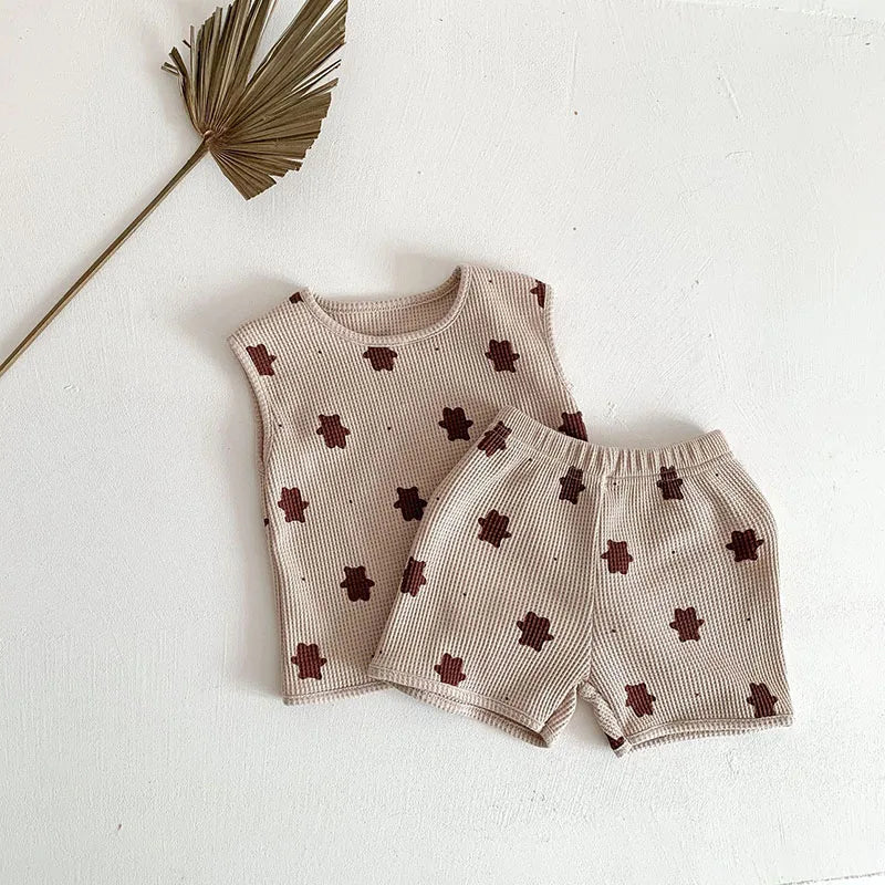 MILANCEL Summer Baby Clothes Suit Waffle Bear Clothing Set Infant Girs Vest And Shorts Baby OIutfit