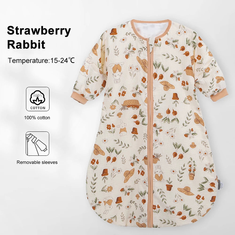 Sleeping Bag For Babies 0-24Months Soft Cotton Gauze Breathable 3-Ways Zipper Puppy Dog Baby Sleeping Bag With Removable Sleeves