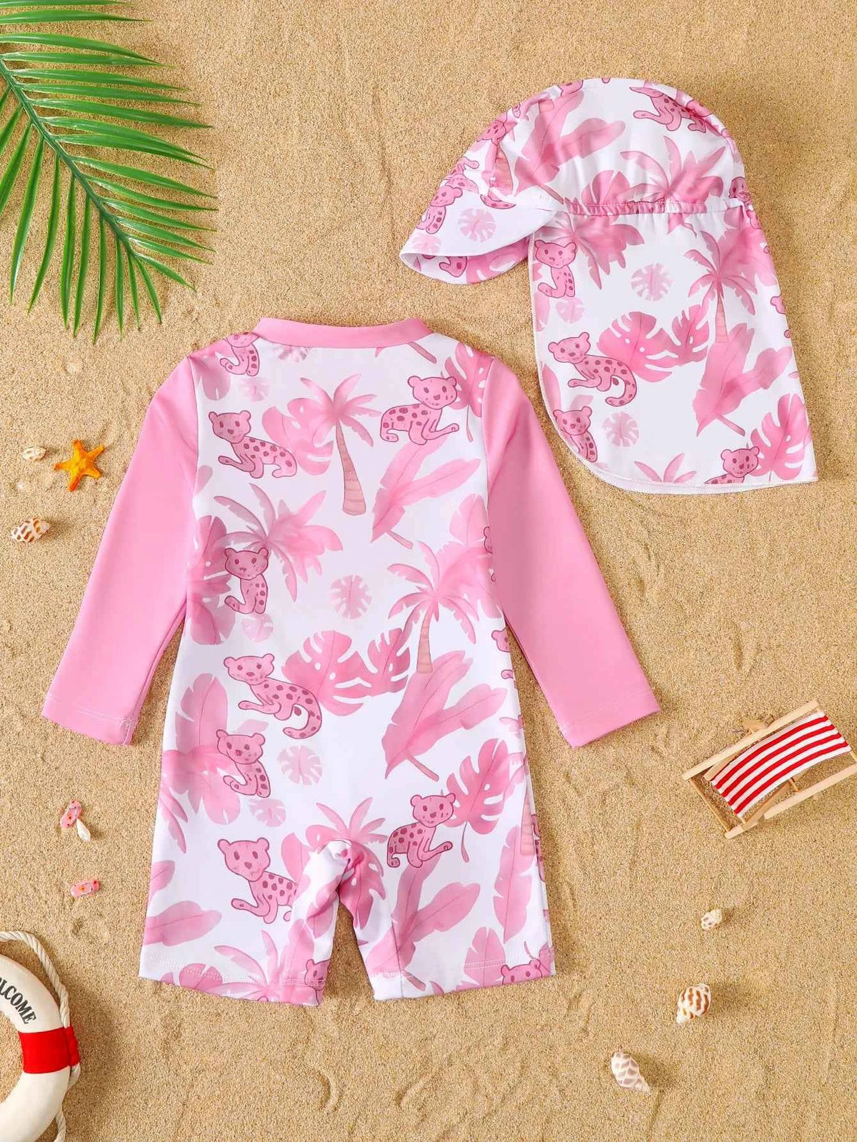 Baby Girl Summer Pink Print Long Sleeve Swimsuit with Hat Infant Swimwear Protection And Comfort