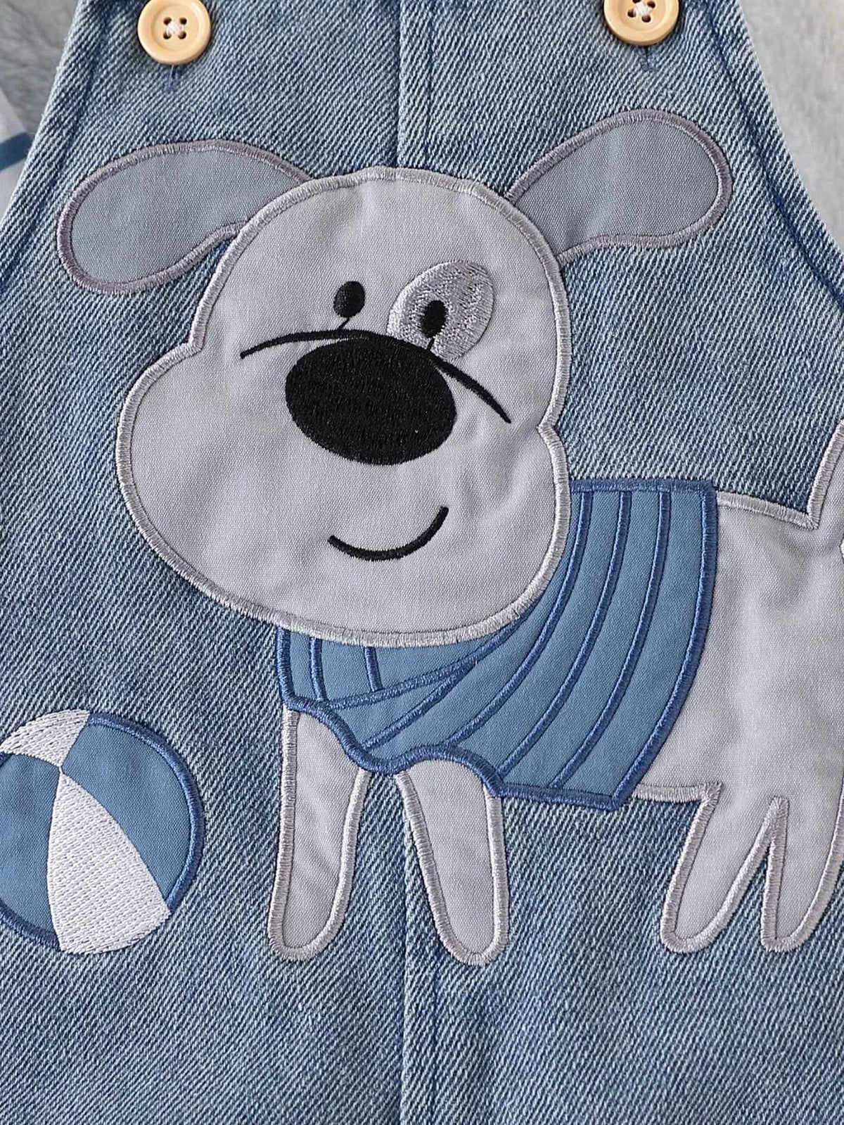 Baby Boy Striped T-Shirt + Cartoon Bear Denim Overalls Set, Cute Summer Casual Outfit for Going Out