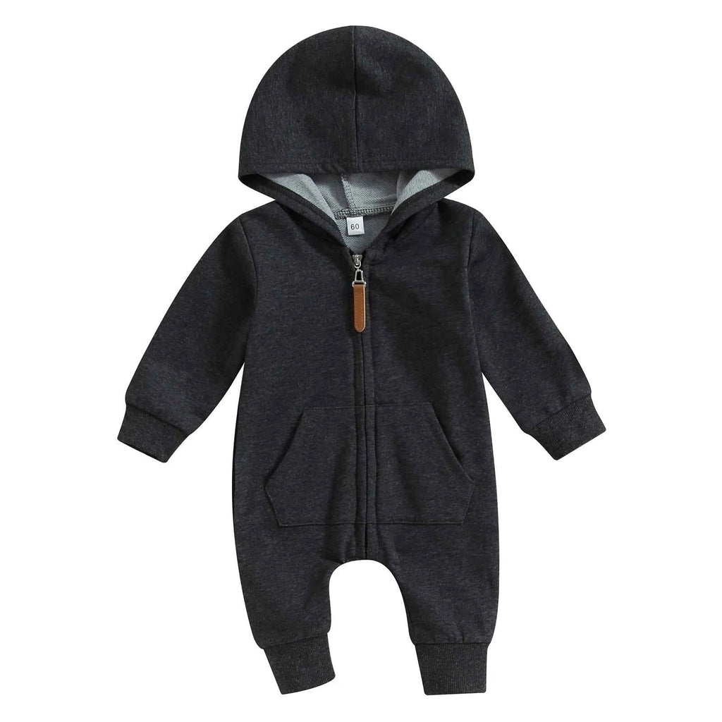 Citgeett Autumn Infant Baby Boys Girls Fall Jumpsuits Long Sleeve Solid Color Zipper Hooded Rompers Outfit