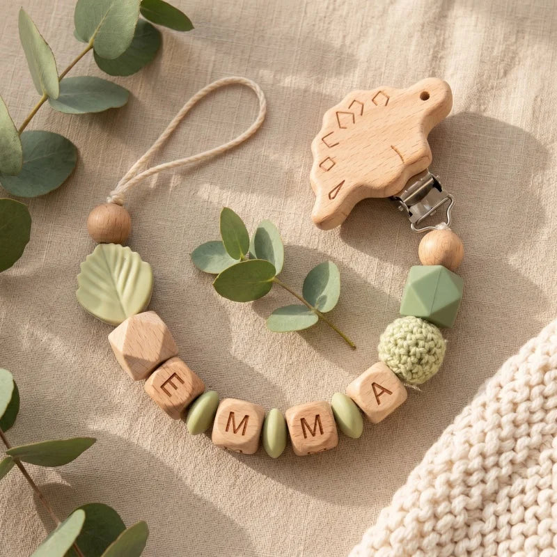 Personalized Pacifier Clip Custom Name Silicone Wooden Beads Baby Teether Chain Soother Holder BPA Free Newborn Baby Shower Gift