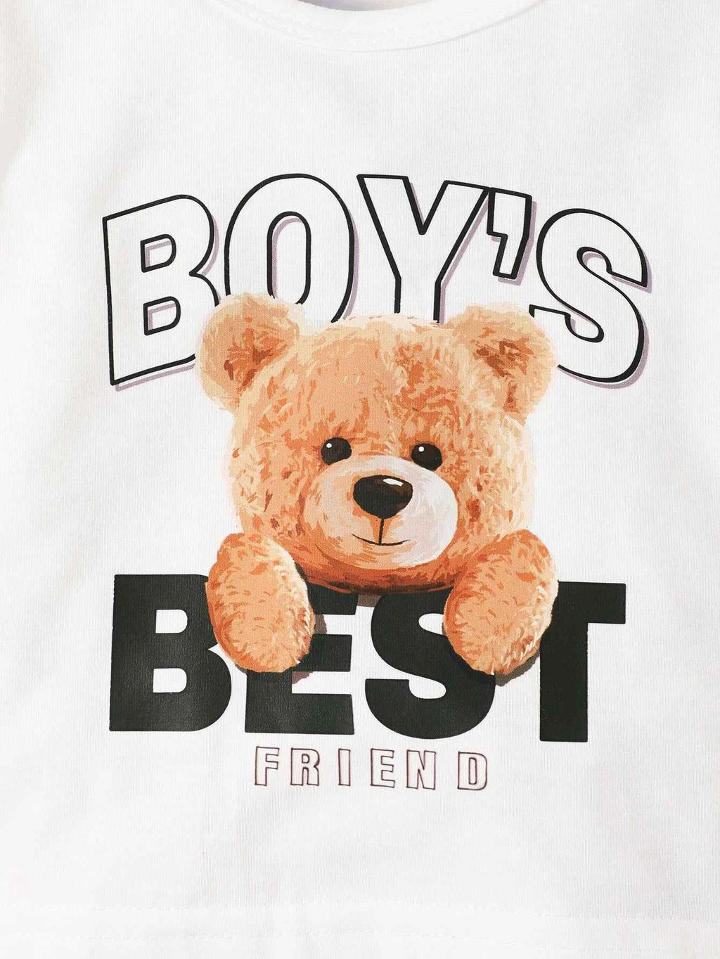 Two piece set of cute letter small bear printed khaki short sleeved round neck T-shirt and blue denim shorts for baby boys