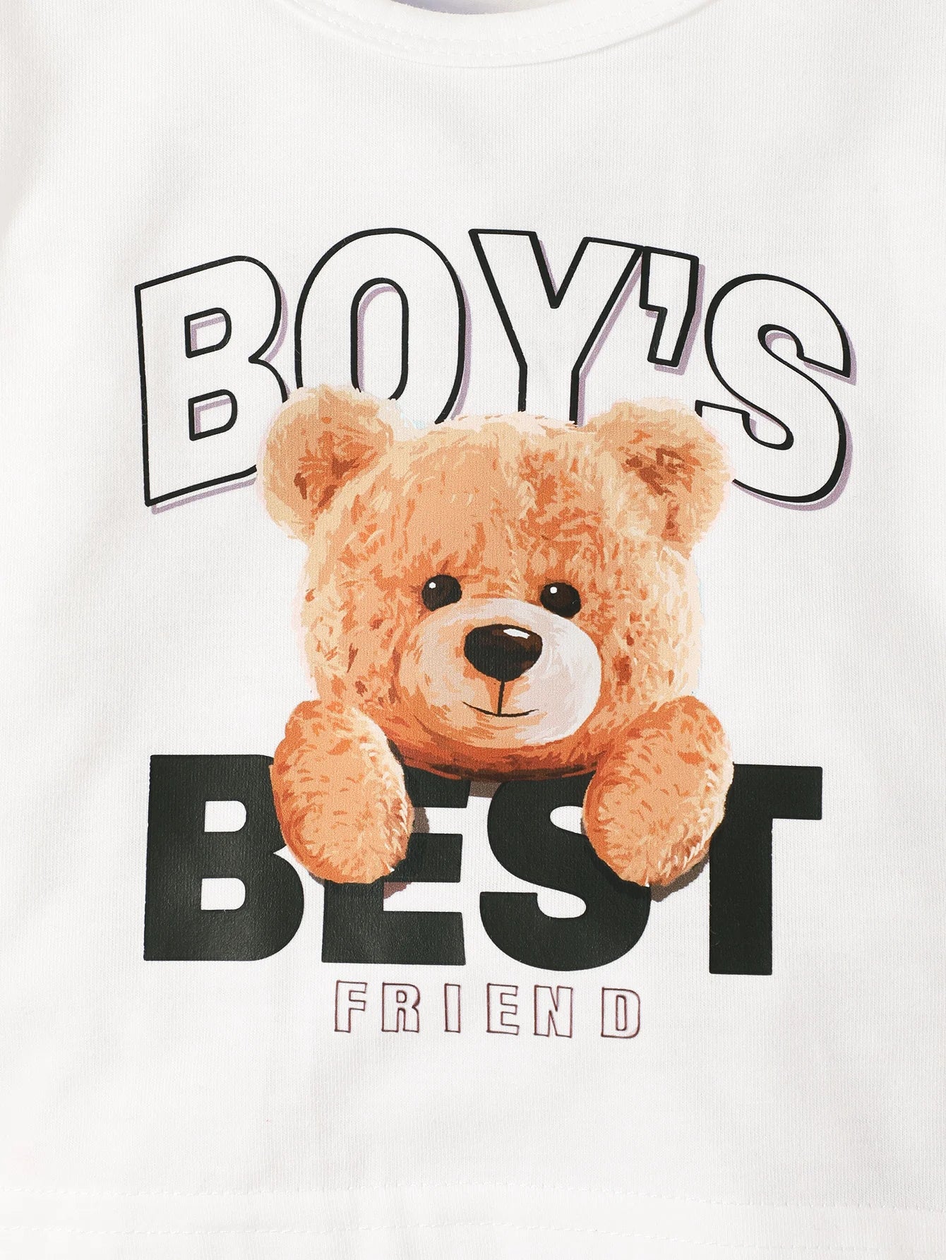 Two piece set of cute letter small bear printed khaki short sleeved round neck T-shirt and blue denim shorts for baby boys