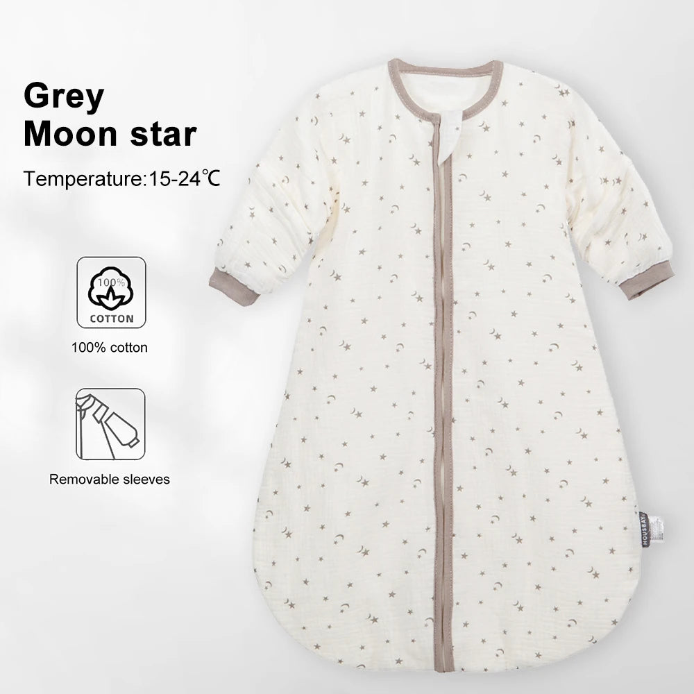 Sleeping Bag For Babies 0-24Months Soft Cotton Gauze Breathable 3-Ways Zipper Puppy Dog Baby Sleeping Bag With Removable Sleeves