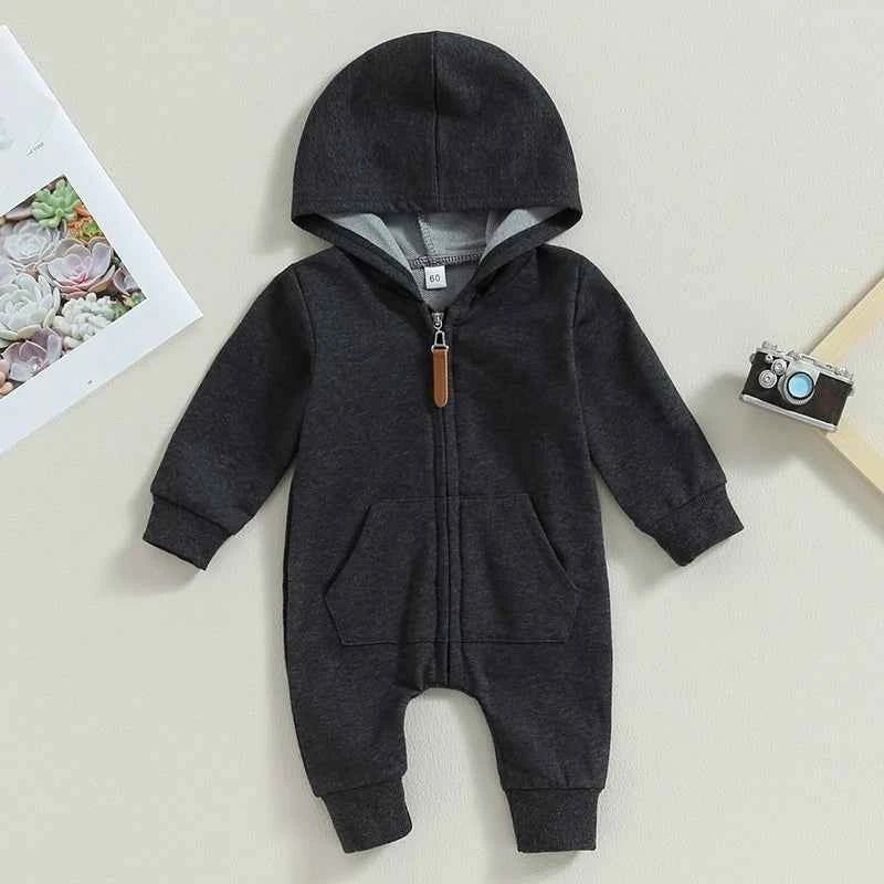 Citgeett Autumn Infant Baby Boys Girls Fall Jumpsuits Long Sleeve Solid Color Zipper Hooded Rompers Outfit