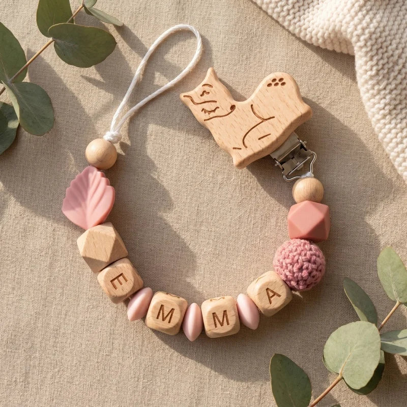 Personalized Pacifier Clip Custom Name Silicone Wooden Beads Baby Teether Chain Soother Holder BPA Free Newborn Baby Shower Gift