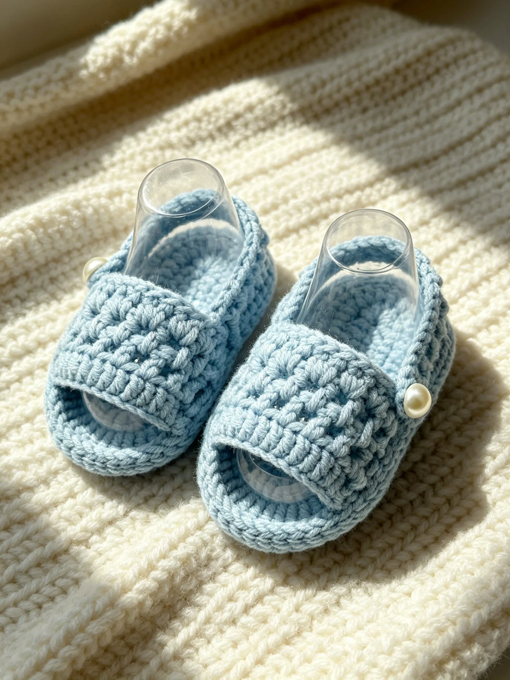 1 Pair Crochet Baby Sandals, White, Open-Toe Slides with Pearl Detail, Infant Shoes