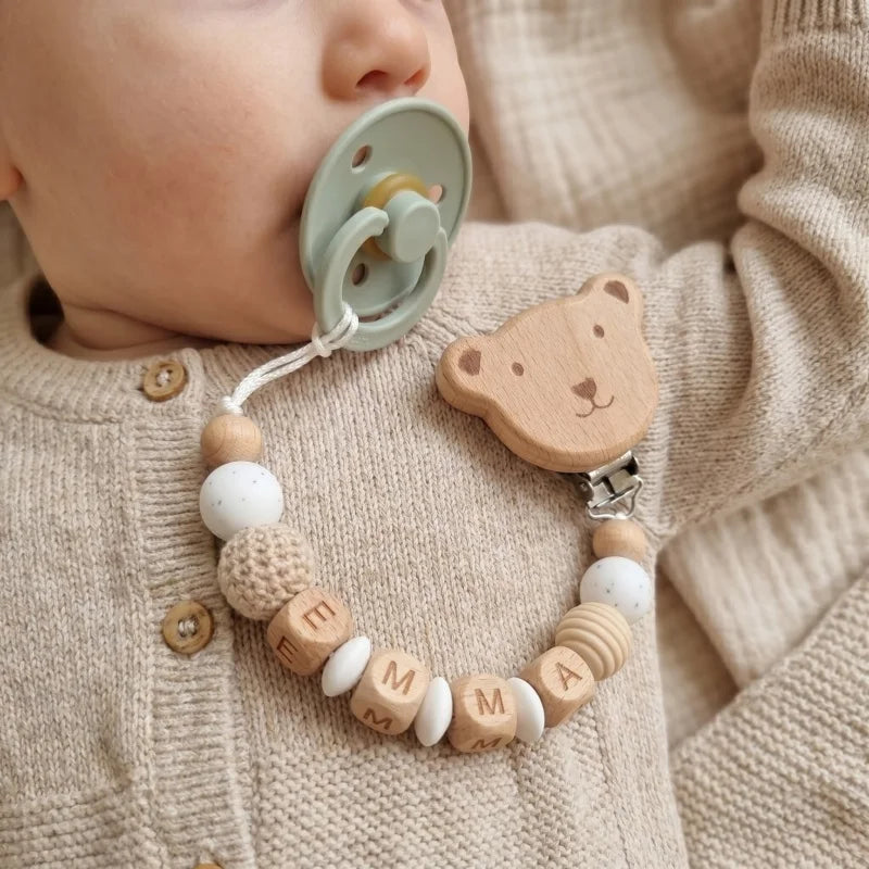 Personalized Pacifier Clip Custom Name Silicone Wooden Beads Baby Teether Chain Soother Holder BPA Free Newborn Baby Shower Gift