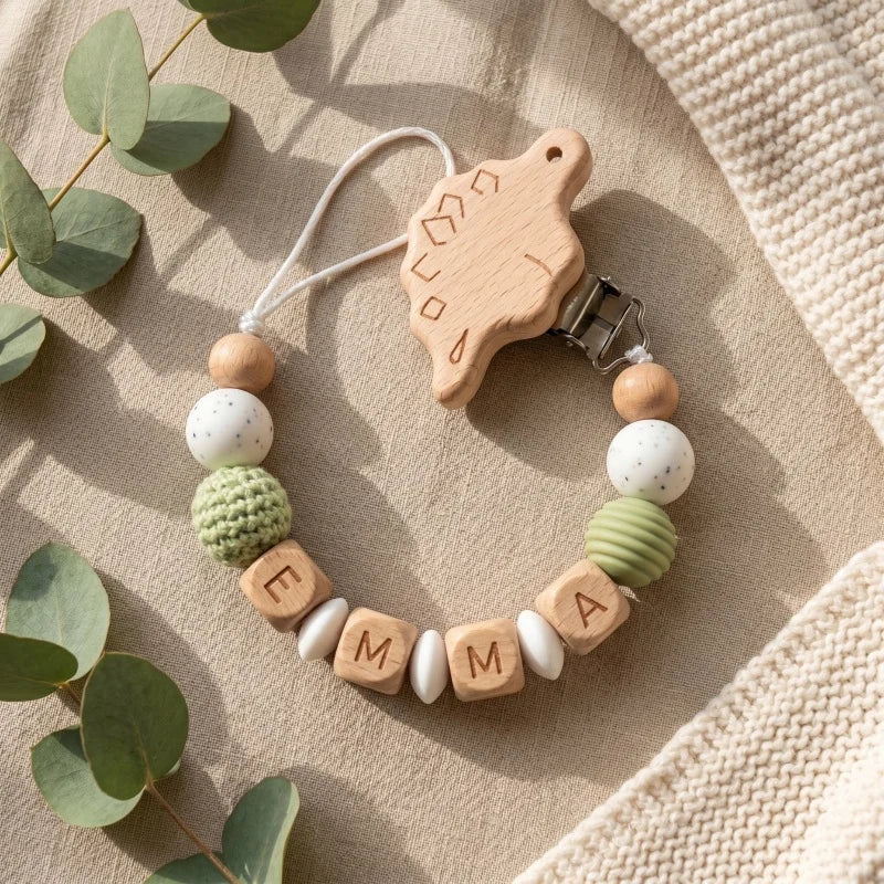 Personalized Pacifier Clip Custom Name Silicone Wooden Beads Baby Teether Chain Soother Holder BPA Free Newborn Baby Shower Gift