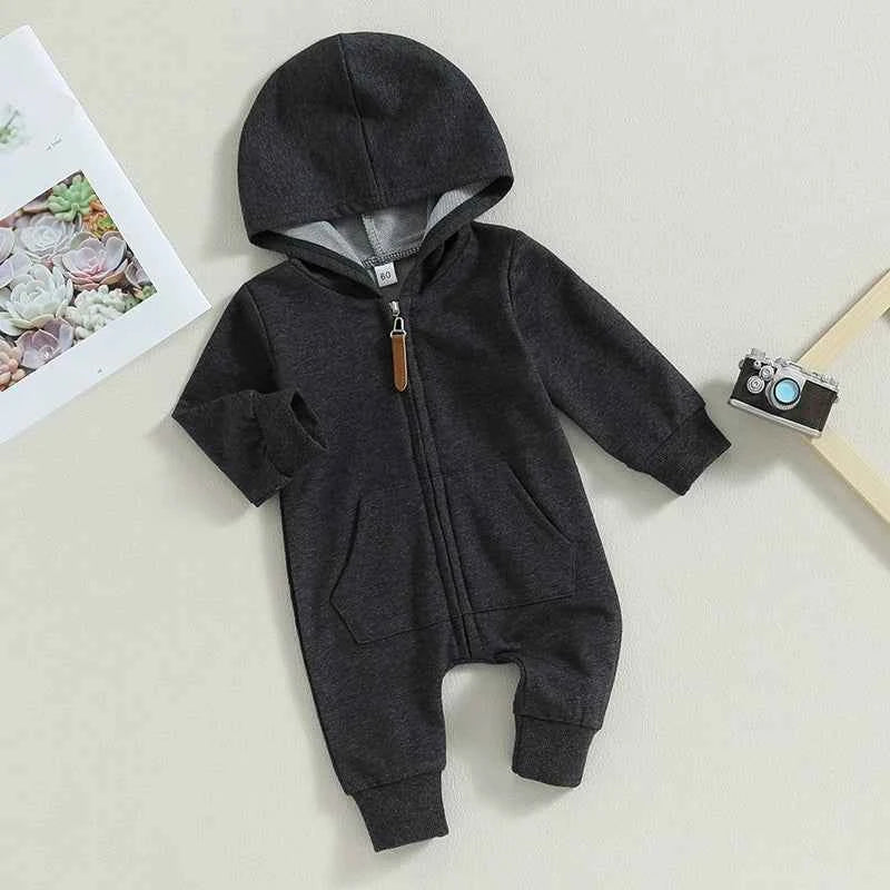 Citgeett Autumn Infant Baby Boys Girls Fall Jumpsuits Long Sleeve Solid Color Zipper Hooded Rompers Outfit