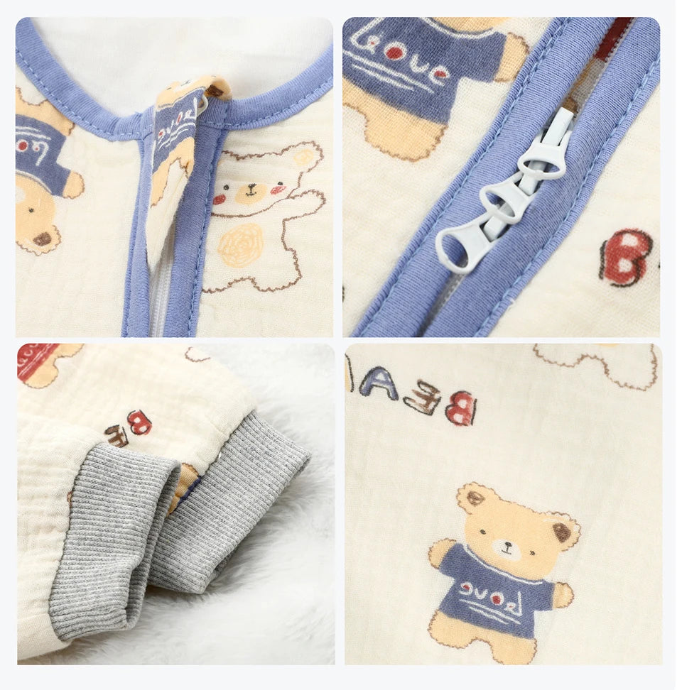 Sleeping Bag For Babies 0-24Months Soft Cotton Gauze Breathable 3-Ways Zipper Puppy Dog Baby Sleeping Bag With Removable Sleeves