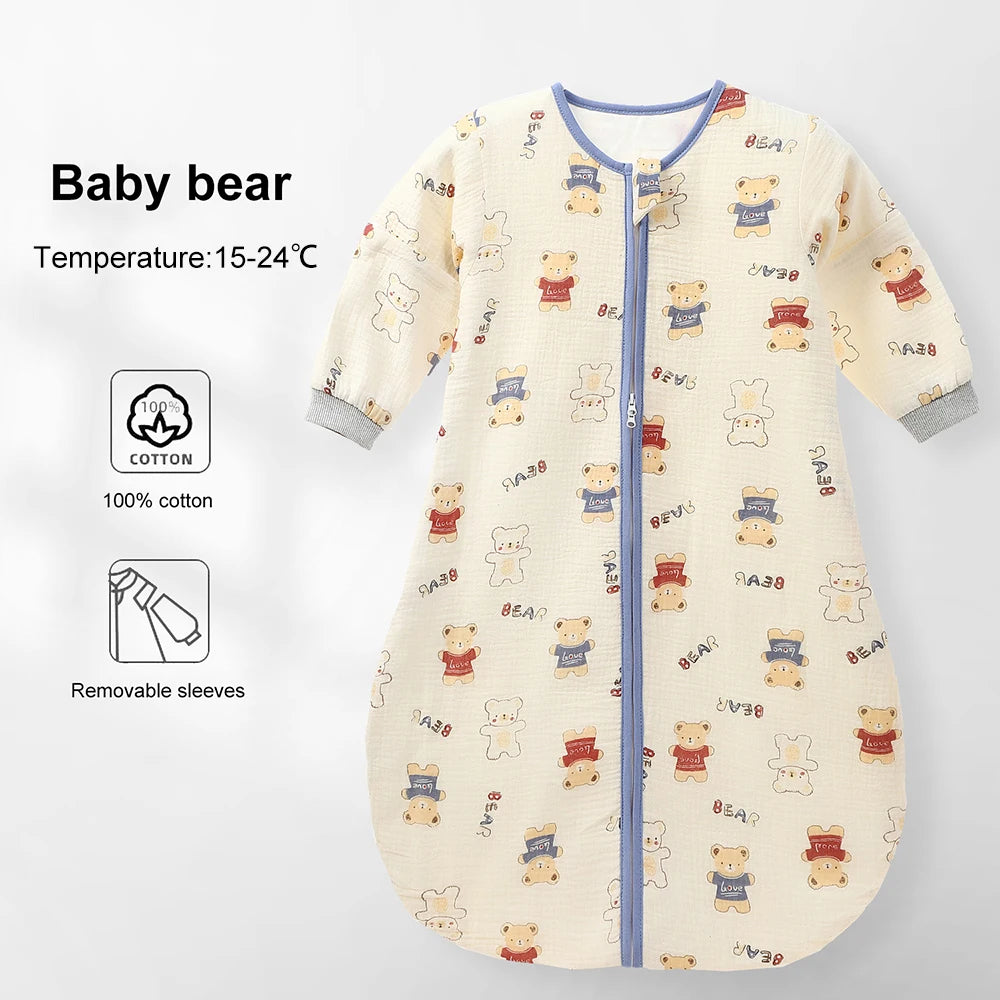 Sleeping Bag For Babies 0-24Months Soft Cotton Gauze Breathable 3-Ways Zipper Puppy Dog Baby Sleeping Bag With Removable Sleeves