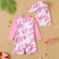 Baby Girl Summer Pink Print Long Sleeve Swimsuit with Hat Infant Swimwear Protection And Comfort