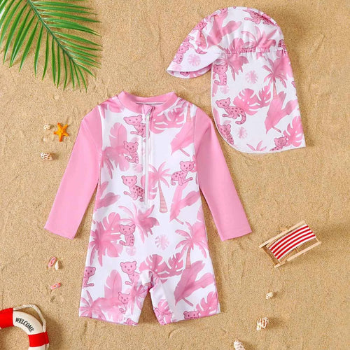 Baby Girl Summer Pink Print Long Sleeve Swimsuit with Hat Infant Swimwear Protection And Comfort