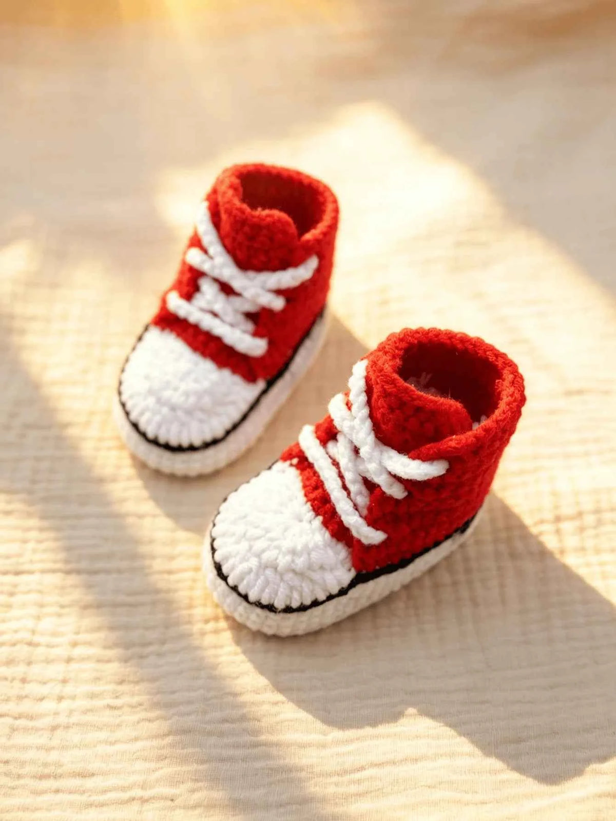 1 Pair Crochet Baby Booties, High-Top Sneaker Style, White with Red Accent, Handmade Infant Shoes