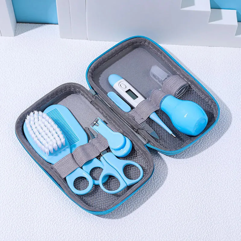 8PCS Baby Care Cleaning Set Nail Clippers Comb Head Massage Nasal Aspirator Thermometer Soft Bristle Brush Children Grooming Kit