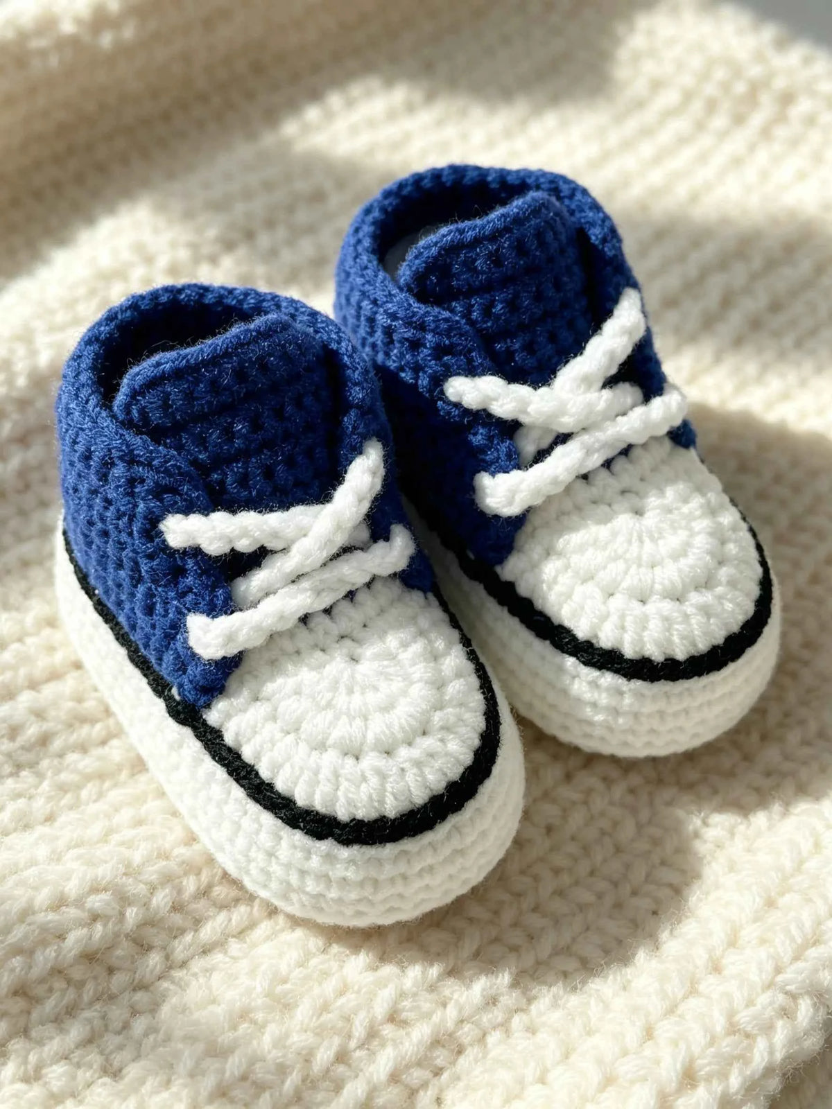 1 Pair Crochet Baby Booties, High-Top Sneaker Style, White with Red Accent, Handmade Infant Shoes