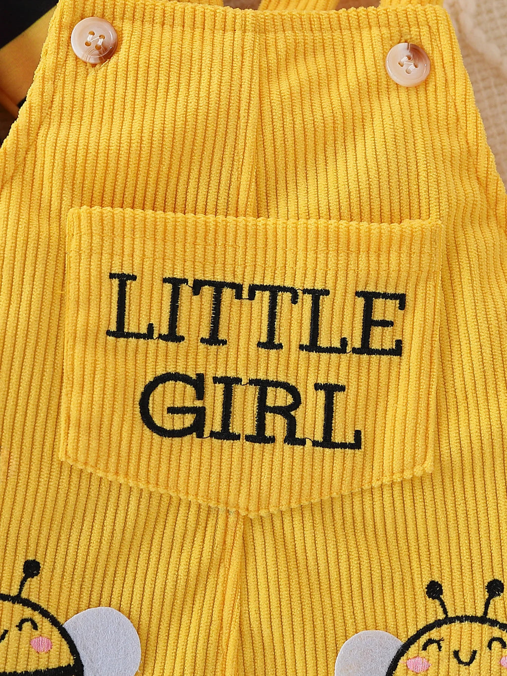 Baby Girl Bee-Stripe Ruffle Sleeve Top & Yellow Corduroy Pinafore Dress Set with Bow Headband