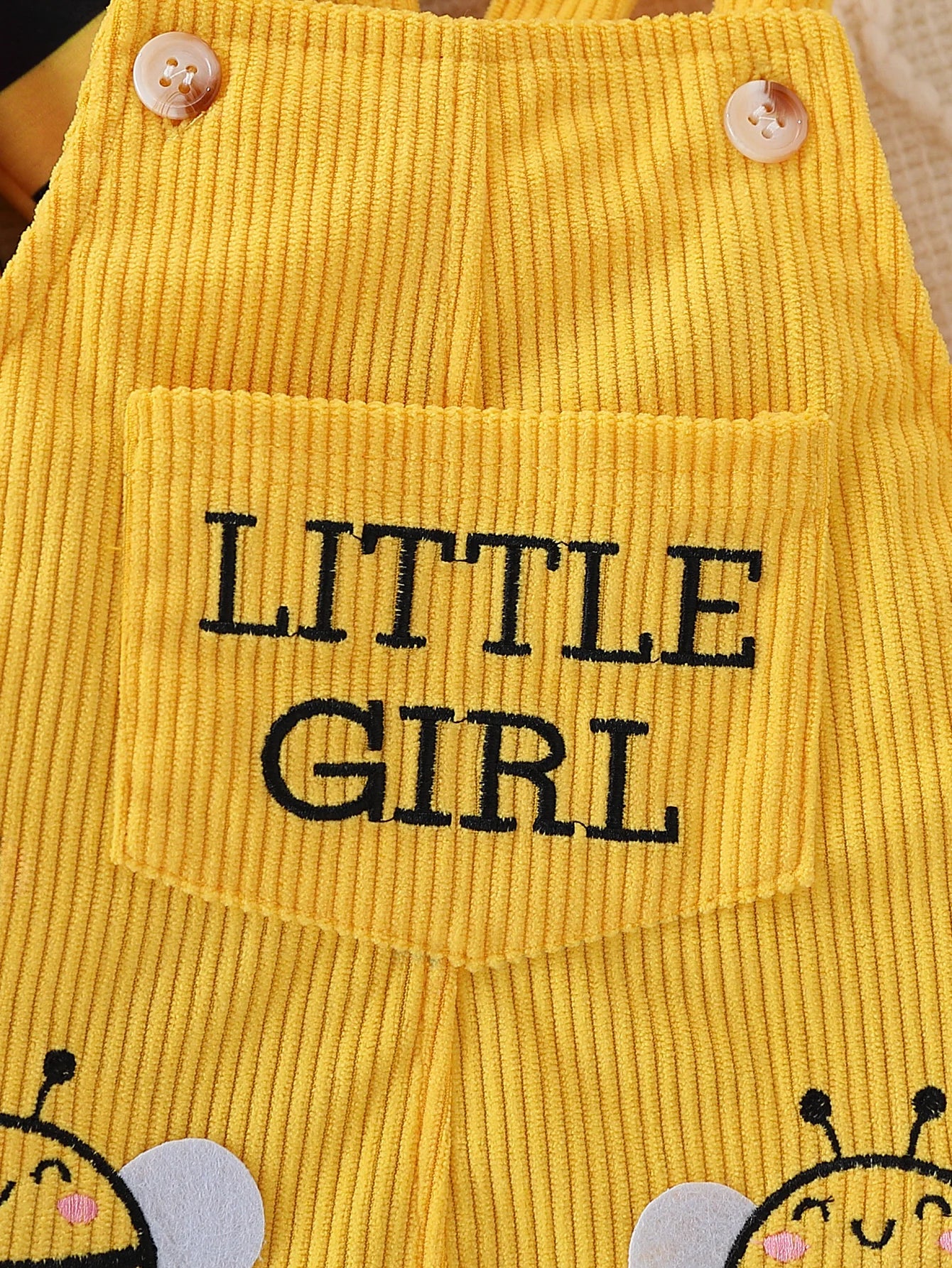 Baby Girl Bee-Stripe Ruffle Sleeve Top & Yellow Corduroy Pinafore Dress Set with Bow Headband