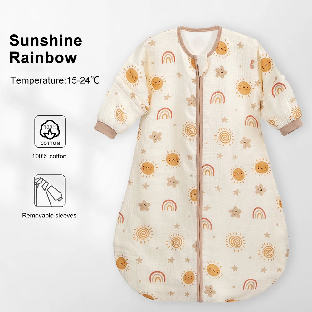 Sleeping Bag For Babies 0-24Months Soft Cotton Gauze Breathable 3-Ways Zipper Puppy Dog Baby Sleeping Bag With Removable Sleeves