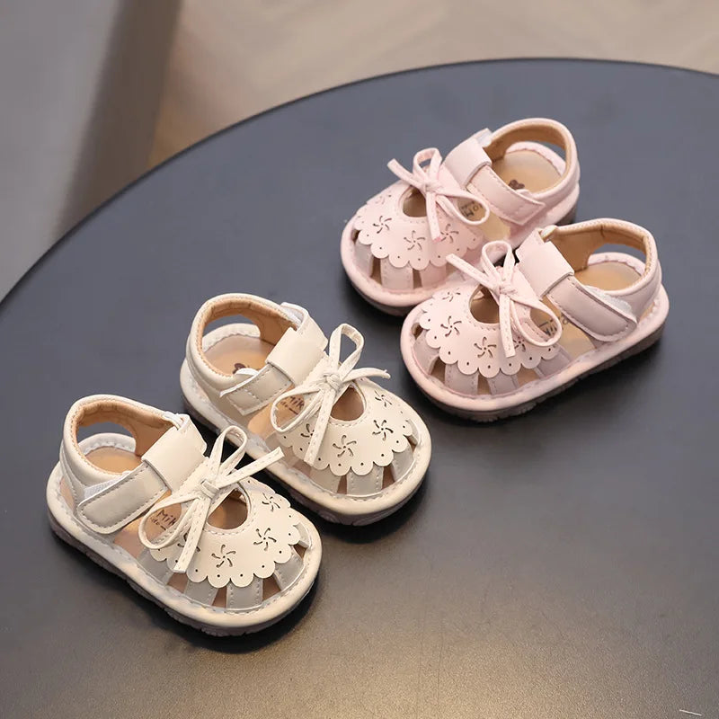 With Sound Baby Girl Sandals Summer Infant Shoes Outwear First Walkers Cute Sweet Close-toed Sandals For Girl Pink, Beige