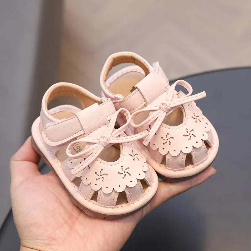 With Sound Baby Girl Sandals Summer Infant Shoes Outwear First Walkers Cute Sweet Close-toed Sandals For Girl Pink, Beige