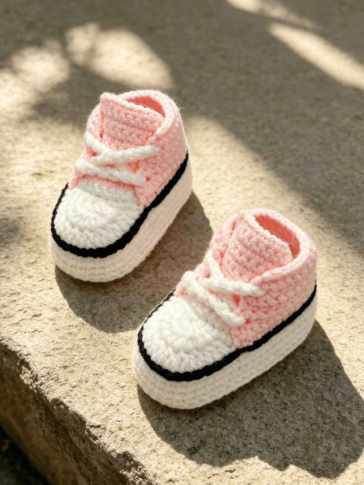 1 Pair Crochet Baby Booties, High-Top Sneaker Style, White with Red Accent, Handmade Infant Shoes