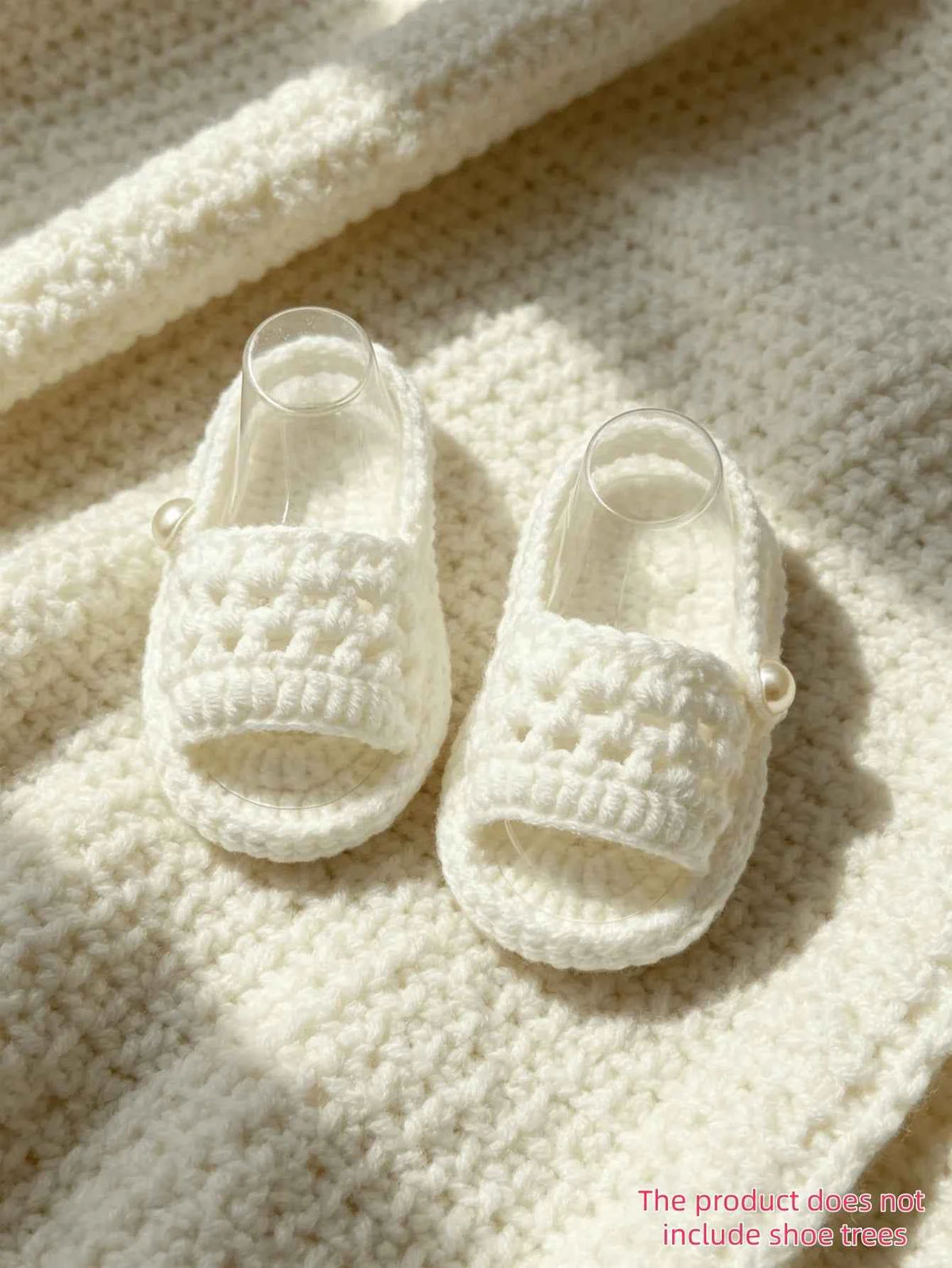 1 Pair Crochet Baby Sandals, White, Open-Toe Slides with Pearl Detail, Infant Shoes