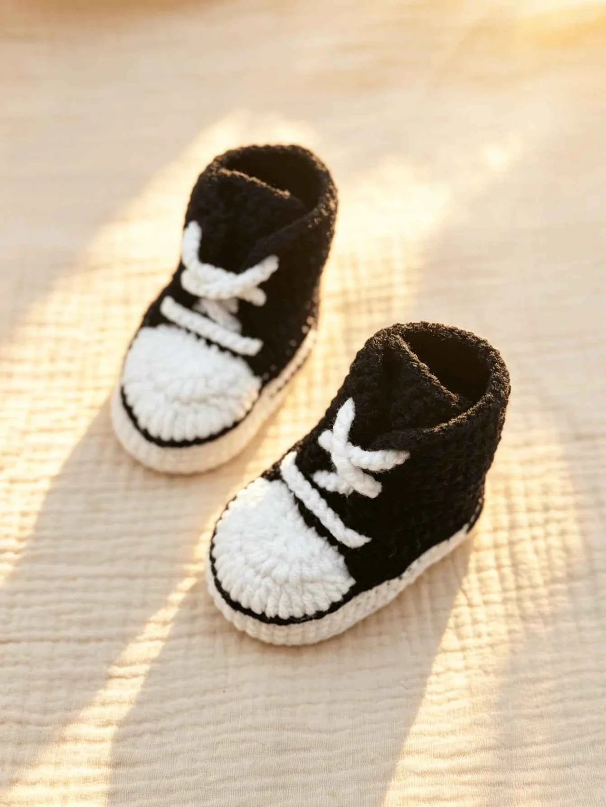 1 Pair Crochet Baby Booties, High-Top Sneaker Style, White with Red Accent, Handmade Infant Shoes