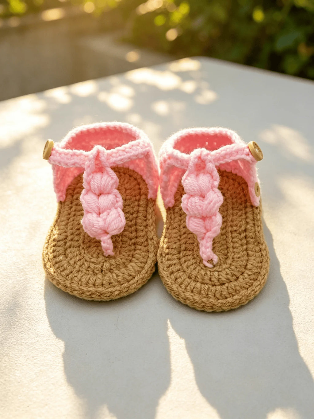1 Pair Handmade Crochet Baby Girl Sandals, Pink  with Button Strap, Infant Booties