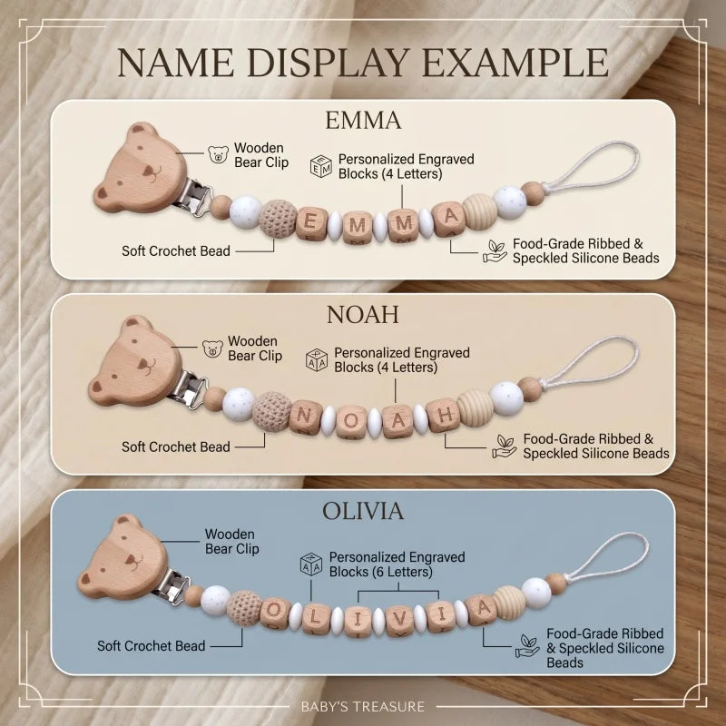 Personalized Pacifier Clip Custom Name Silicone Wooden Beads Baby Teether Chain Soother Holder BPA Free Newborn Baby Shower Gift