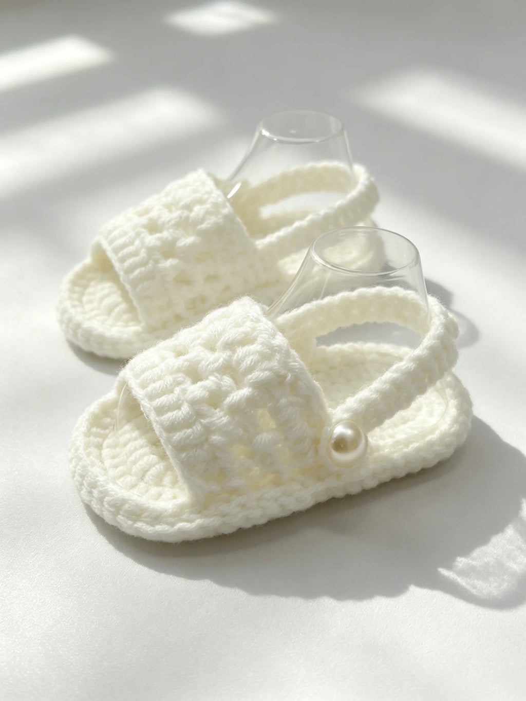 1 Pair Crochet Baby Sandals, White, Open-Toe Slides with Pearl Detail, Infant Shoes