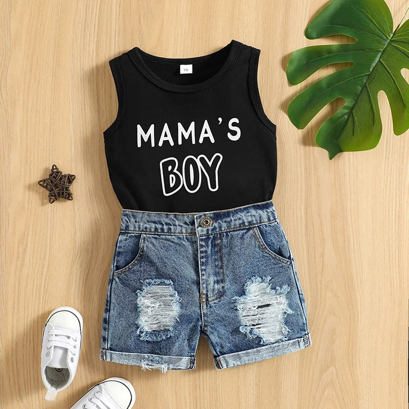 VISgogo Baby Boys Casual Clothes Set Letters Print Sleeveless Tank Top with Ripped Denim Shorts 2Piece Summer Outfit
