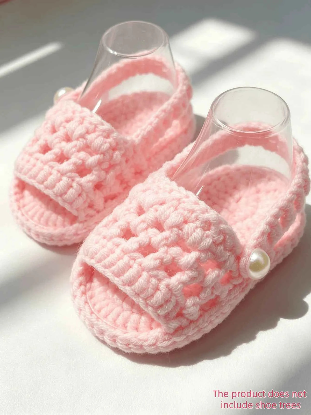 1 Pair Crochet Baby Sandals, White, Open-Toe Slides with Pearl Detail, Infant Shoes