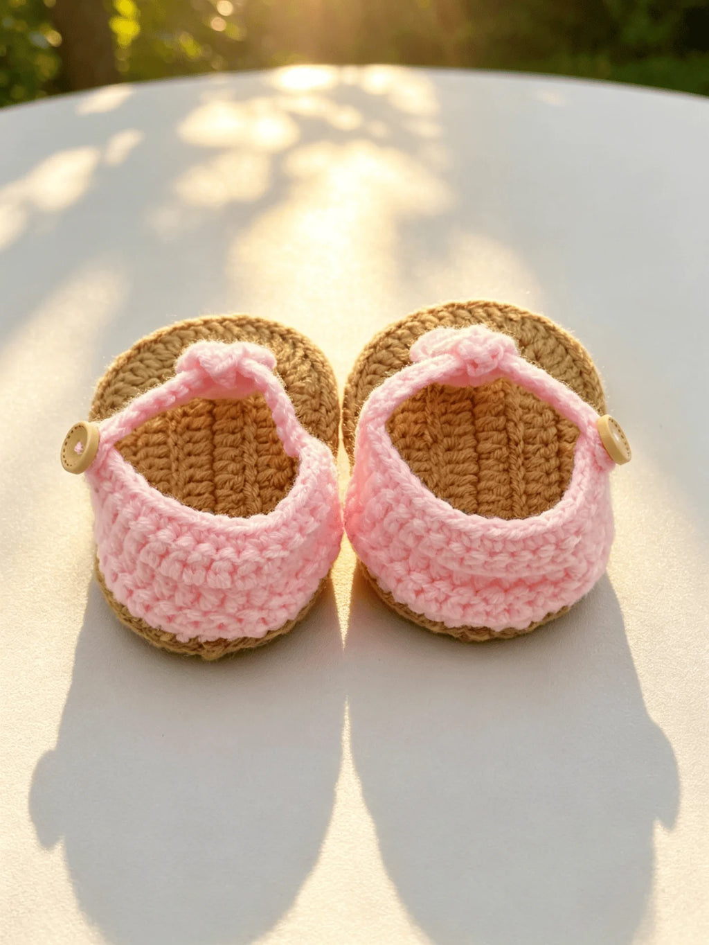 1 Pair Handmade Crochet Baby Girl Sandals, Pink  with Button Strap, Infant Booties