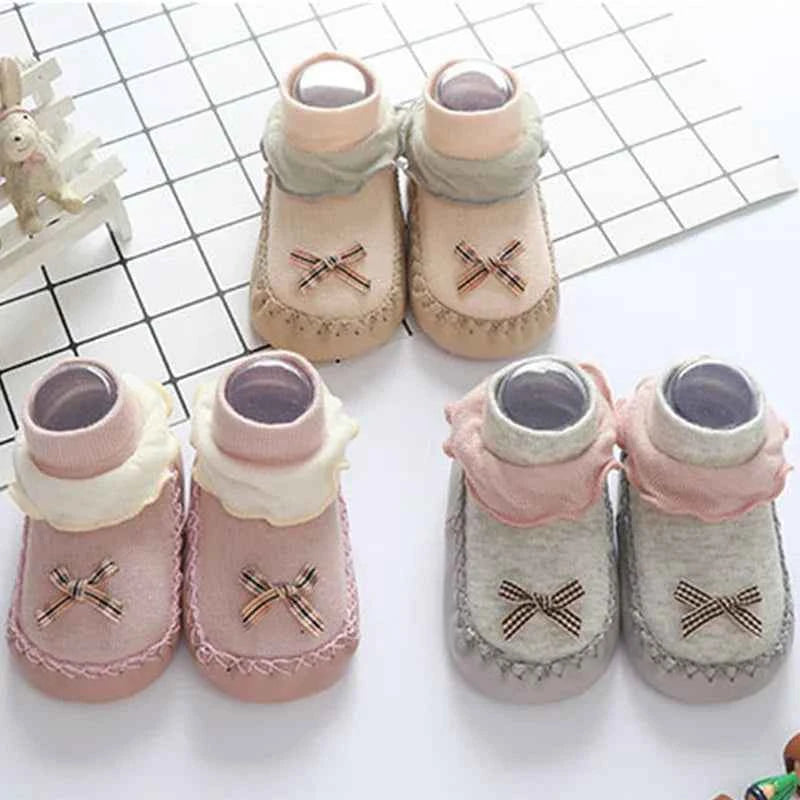 Baby Walking Socks Soft Sole Shoes 0-2Year Newborn Early Education Adhesive Anti Slip Floor Sock Cute Bow Shoe Kids Footwear
