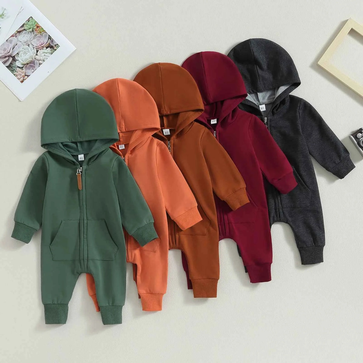 Citgeett Autumn Infant Baby Boys Girls Fall Jumpsuits Long Sleeve Solid Color Zipper Hooded Rompers Outfit